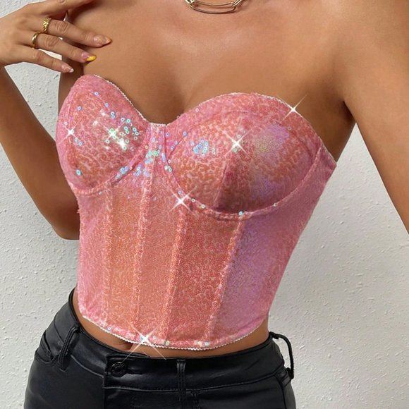 . Tops - Pink Casual Womens Sequin Bustier Crop Tube Top